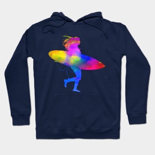 Running Woman on Beach with Surfboard Hoodie